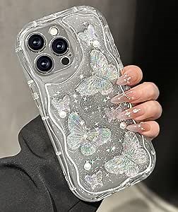 Toycamp for iPhone 15 Pro Max Case Cute - Women Girly Girls Glitter Phone Cover 15 ProMax Kawaii Sparkle Bling Shine Aesthetic Pretty Unique Wave Design Funda for Apple 15 Pro Max, Clear Butterfly