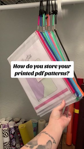 There are so many ways to store printed patterns and this is whats working best for me right now. Reinforced plastic pouches that can be color coordinated and hung in the closet to free up space in your sewing area. #sewist #sewistsoftiktok #sewtok #sewingtiktok #storage #organization #pdfpattern #patternstorage