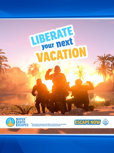 Booking your next vacation has never been easier with SUPER EARTH ESCAPES. The galaxy’s largest (mandated) travel agent. Discover unbeatable deals to exclusive tropical destinations, now safely pacified by Managed Democracy. So book now to LIBERATE YOUR NEXT VACATION! HELLDIVERS™ 2 is OUT NOW on PS5®, PC & XBOX #helldivers