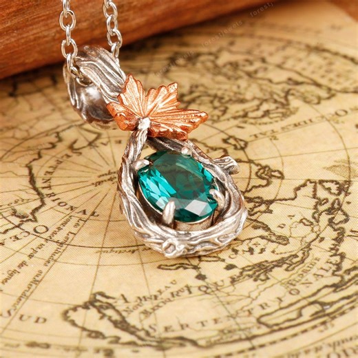 Handmade Emerald Twig Maple Leaf Pendant ,teardrop Pendant Silver Jewelry ,tree Branch Pendant,boho 925 Sterling Silver Pendant,jewelry Gift - Etsy