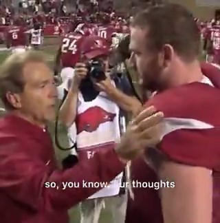 Nick Saban consoling Frank Ragnow after he lost his dad after a game.This is why Nick Saban is the best.