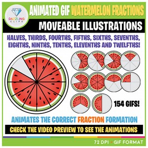 Moveable Animated GIF Watermelon Fractions Clip Art (2-12)
