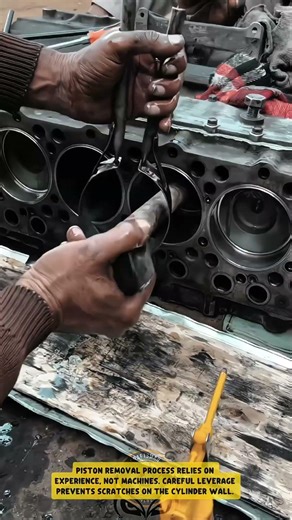 Piston Removal from Engine Block using Manual Lever Tool – Skilled Engine Overhaul Process