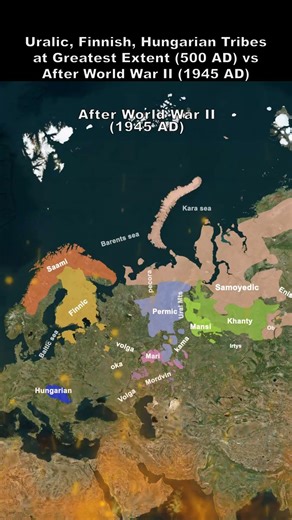 Uralic, Finnish, Hungarian Tribes at Greatest Extent 500 AD vs After World War II 1945 AD 19