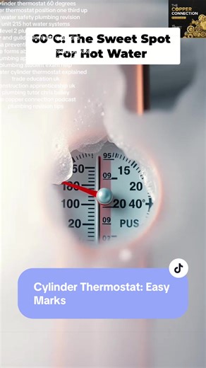 If you mess this up, you drop EASY marks. Cylinder thermostat setting position is a proper Unit 215 favourite. ✅ Strap-on stat goes ONE-THIRD up the cylinder ✅ Set it to 60°C Why? Below 50°C Legionella can survive, above 65°C limescale builds up — so 60°C is the safe middle ground. 🎧 Want more Level 2 plumbing revision that actually sticks? Listen to The Copper Connection Podcast with Chris Bailey. Save this for your next revision session. Comment “60°C” if you want more hot water safety clips.