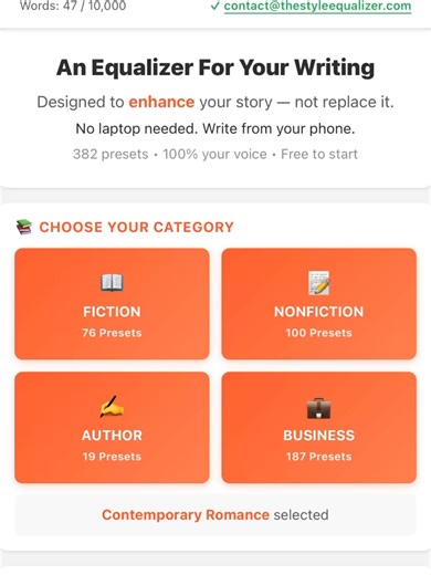 The Style Equalizer transforms your writing into any genre—thriller, romance, literary fiction, horror—without losing what makes it YOURS. ✅ 10,000 free words ✅ No credit card ✅ Voice Clarity guaranteed Link in bio 🔗 #WritingCommunity #WritersOfInstagram #AmWriting #WritingTips #AuthorLife #IndieAuthor #SelfPublishing #WritingTools #WriterProblems #NaNoWriMo #Bookstagram #FirstDraft #EditingTips #NovelWriting #FictionWriter #RomanceWriter #ThrillerWriter #WritingAdvice #AuthorsOfInstagram #Writ