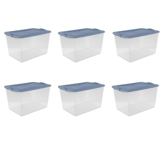 Sterilite Large Latching Storage Bin, 66 Quart Clear Plastic Storage Container with Latch Lid, Blue, 6 Pack