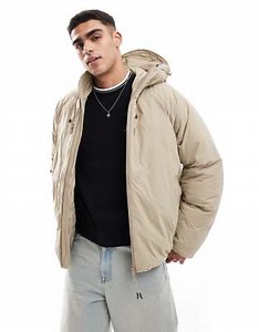 Jack & Jones hooded puffer jacket with tech details in beige | ASOS