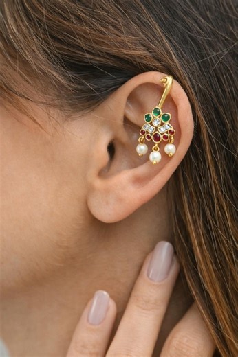 South Indian Gold Bugadi Ear Cuff Pearl Drop Temple Style Bridal Jewelry Traditional Indian Wedding Earring Gift for Her - Etsy