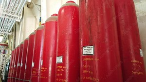 Accumulator bottles at accumulator unit (Koomey) surface BOP control system in oil drilling rig Stock Video