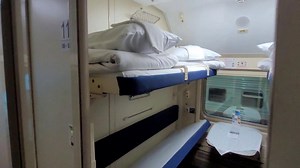 Double decker train with sleeping beds at Russian Railways Service