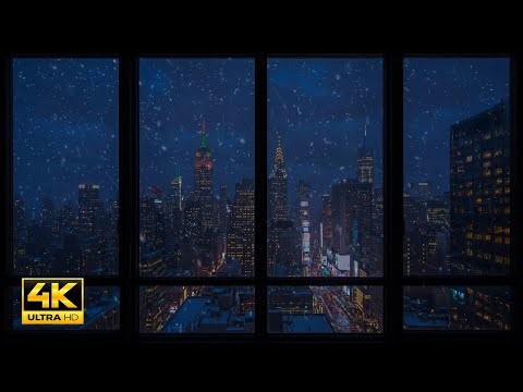 4K New York City Winter Night Window View ❄️ Calming Snowfall, Wind Sounds & Cozy Ambience for Sleep