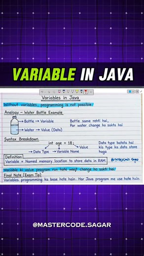 Sagar Rathod on Instagram: "📦 Variables in Java – Explained Simply Variables are the building blocks of any Java program 💻 They help you store data, reuse values, and make your code dynamic. 👉 In simple words (Hindi touch): Variable ek container hota hai jisme hum data rakhte hain, jaise numbers, text, ya values. 🔹 Java is type-safe, matlab pehle batana padta hai data kis type ka hai (int, double, String, etc.) 🔹 Example: int age = 20; Yahan age ek variable hai jo number store kar raha hai.