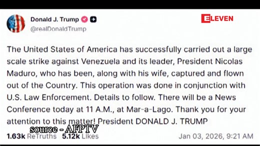 ဗင်နီဇွဲလားကို အမေရိကန်တိုက်ခိုက်မှု တရုတ်ရှုတ်ချ ၊ ဘရာဇီးက ကုလသမဂ္ဂ ဝင်ပါတုံ့ပြန်ပေးရန် တောင်းဆိုနေ အမေရိကန်က ဗင်နီဇွဲလားကို လေကြောင်းမှတိုက်ခိုက်ပြီး သမ္မတနီကိုးလပ်စ်မာဒူရိုနှင့်ဇနီးတို့ကို ဖမ်းဆီးလိုက်မှုက အထက်စီး ကျသည့် လုပ်ရပ်ဖြစ်ပြီး နိုင်ငံတကာဥပဒေကို ပြင်းထန်စွာချိုးဖောက်ခြင်းဟု တရုတ်နိုင်ငံက ဇန်နဝါရီ ၃ ရက်တွင် ဝေဖန်ရှုတ်ချ လိုက်သည်။ ■ Eleven Website: https://news-eleven.com ■ Eleven Broadcasting YouTube: https://m.youtube.com/c/elevenwebtv11 ■ Eleven Sports YouTube: https://m.youtube.com