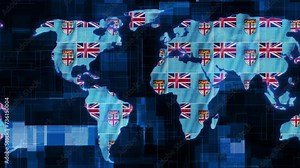 Fiji flag earth map glowing technology motion news background Stock Video