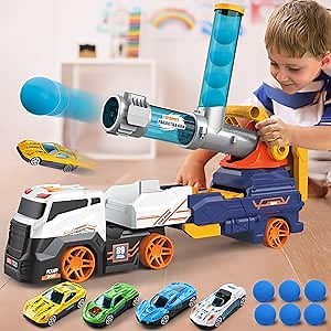 Dwi Dowellin Truck Toys for Kids, 28" Large Car Toys Include 4 Race Cars+6 Soft Foam Balls, with Light & Sounds, Eejection&Shooting Transport Trucks Toy, Gifts for Boys Girls 3 4 5 6 7 8+ Year Old