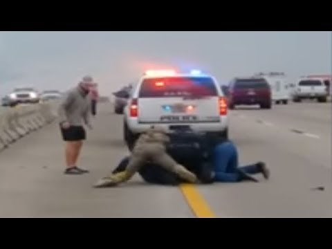 RAW VIDEO: Citizens help police officer arrest man crossing freeway
