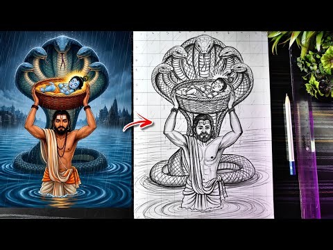 Krishna Janmashtami Drawing ❤️ | How To Draw Bal Krishna With Vasudeva & Sheshnag | Step By Step