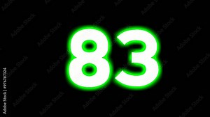 Neon number 83 eighty three sign symbol modern animation motion graphics flicking on black background,green color glowing and shining for video elements