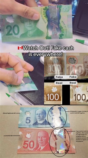 🇨🇦Canada, Watch Out — Fake Cash Is Everywhere 😬 ⚠ Counterfeit Alert in Toronto: What You Need to Know 2026 has just begun, and counterfeit cash is already on the rise in Canada, especially in Toronto. More and more fake $20, $50, and $100 bills are circulating, and the scary part? They’re getting harder to spot. Here are 3 simple ways to check if a bill is real 👇 1⃣ Flip it Turn the bill over. The portrait inside the transparent window should match the main portrait on the front. 2⃣ Feel it 