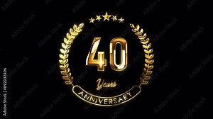 40th Anniversary Celebration. Golden 40 Years Anniversary Animation in Gold Color on the Transparent Background, Alpha Channel. Great for greetings, celebrations, events, and gifts.