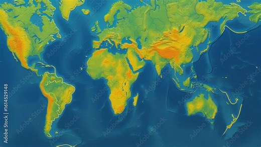 Climate data visualization. Colorful topographic map world elevation relief with blue ocean and vibrant continents showing detailed landmasses and ocean