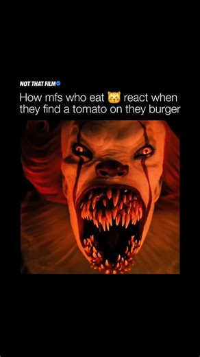 Meme • Every plots explained on Instagram: "☠️ How mfs who proudly “eat p**sy” react when they find a tomato on their burger — all that bravery evaporates instantly. One tiny red slice and they act like the chef personally betrayed them. The shift from fearless to dramatic is undefeated. The video shows the creature from IT standing in a dim, flooded tunnel, staring forward with wide eyes and those sharp teeth out, frozen in pure shock. The slow, stunned expression captures that exact “what in t