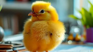 Download A small yellow chicken standing on top of a table for free