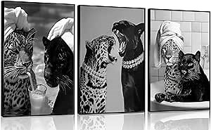 Trendy Black and White Leopard Canvas Wall Art Fashion Cheetah Drink Cocktail Animal Painting Picture Wall Decor Cheetah In Bath Poster Print Artwork for Bathroom Bedroom Living Room Home Decoration