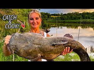 GIANT FLATHEAD CATCH AND COOK Fishing The RAINSTORMS!!! (TASTY!!!)