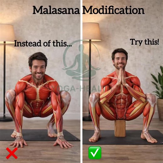 🧘🌷🧘✨ Malasana (Yogic Squat) – Benefits & Important Knowledge ✨ ⸻ 🌿 Benefits are :- ✔️ Deeply opens hips & groin ✔️ Stretches ankles, hamstrings & lower back ✔️ Improves digestion & bowel movement ✔️ Strengthens pelvic floor & core muscles ✔️ Enhances posture & spinal mobility ✔️ Calms the nervous system and reduces stress ⸻ 🧠 Important Knowledge (Must Know) 🔸 Use support (block/brick) if heels lift or lower back rounds 🔸 Keep spine long, chest open – avoid collapsing forward 🔸 Knees shou