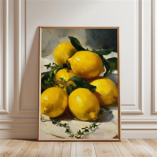 Lemon Still Life Printable Decor - Fresh Farmhouse Kitchen Art With Rustic Lemons and Thyme, Downloadable Realistic Painting Wall Art - Etsy