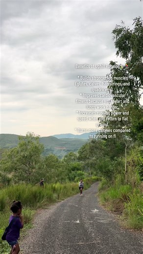 Benefits of Uphill Running ⛰️🏃‍♂️ * Builds stronger leg muscles (glutes, calves, hamstrings, and quadriceps). * Improves cardiovascular fitness because your heart and lungs work harder. * Increases running power and speed when you return to flat ground. * Burns more calories compared to running on flat surfaces. * Improves running form and posture by encouraging better knee lift and stride. * Boosts endurance and stamina over time. * Strengthens mental toughness because uphill running is more c
