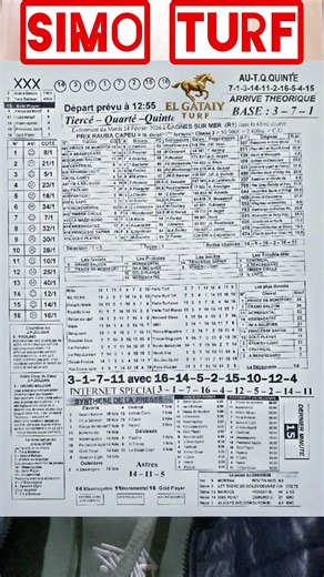 Programme Quinté+ (R1/C1) de cagnes sur Mer 24/02/2026. (Noir)