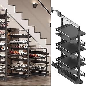 Pull-Out Shoe Rack Organizer for Closet Shoe Cabinet,Adjustable Height Retractable Metal Stackable Shoe Rack, Vertical Shelf Organizer for Small Bedroom Closet, Space Saving Storage, Black(53cm,6 Tier