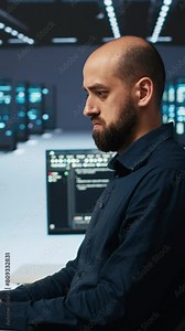 Vertical video Software developer programming in high tech facility with server rows providing computing resources for different workloads. IT expert reviewing data center supercomputers