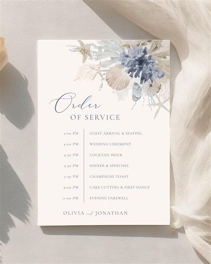 Coastal Wedding Order of Service Template, Beach Wedding Program, Nautical Seashell Order of Events, Boho Dusty Blue, Instant Download - Etsy