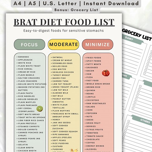 BRAT Diet Food List Printable, Easy to Digest Foods Chart, Focus Moderate Avoid Guide, Stomach Recovery Diet, Grocery List PDF - Etsy
