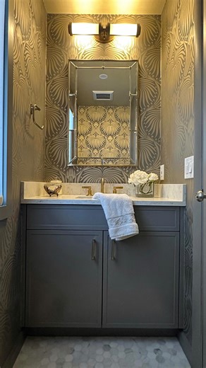 Small Batch Interiors | NY & CT on Instagram: "Powder room, perfected. . . luxury powder room design, chic powder room, high end bathroom design, designer powder room, custom bathroom vanity, patterned wallpaper bathroom, brass bathroom fixtures, marble bathroom vanity, small bathroom luxury, elegant powder room ideas, modern classic bathroom, upscale interior design, luxury interior designer, bespoke bathroom design, refined bathroom interiors . #LuxuryPowderRoom, #ChicInteriors, #ElevatedDesig