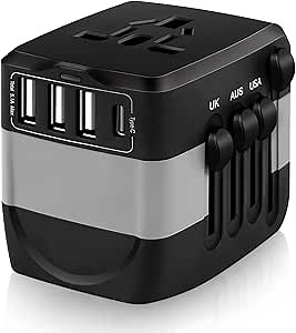 Universal Travel Adapter International Plug Adapter with 3 USB + 1 Type C + 1 AC Outlet + 1 Spare Fuse Worldwide Power Adapter for EU/UK/AUS/USA 150+ Countries