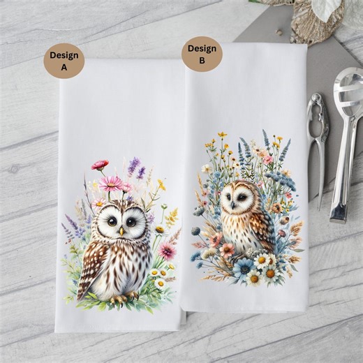 Owl and Wildflower Kitchen Towel: Nature Lover Gift, Hand Tea Dish Towel Decor - Etsy