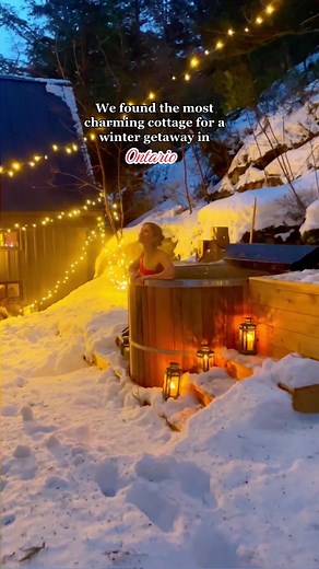 Welcome to The Water's Edge, a treehouse inspired cottage in Muskoka Ontario! This magical Airbnb has a wood barrel sauna to keep warm on a snowy evening ☃️ Want to know more about this getaway? Let us know in the comments! #muskokawinters #winterinspo #hottubthings #winteractvities #christmasatthecottage #wintercabininspo #cabinlife #treehouselife #muskokarentals #snowday