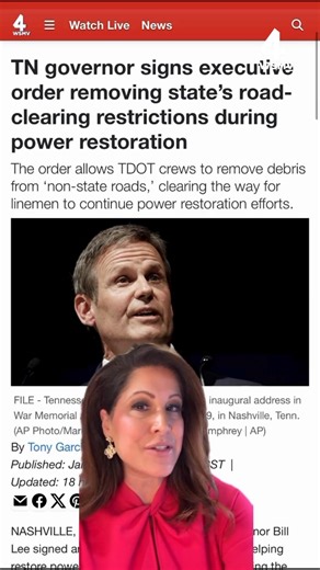 Tennessee Gov. Bill Lee's Executive Order 111 allows the Tennessee Department of Transportation's crews to remove debris from ‘non-state roads,’ clearing the way for linemen to continue power restoration efforts. ➡️ https://tinyurl.com/26vdb7al | WSMV 4, Nashville