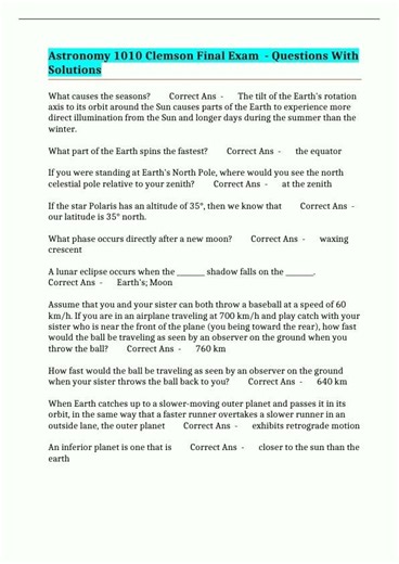 Astronomy 1010 Clemson Final Exam Questions With Solutions