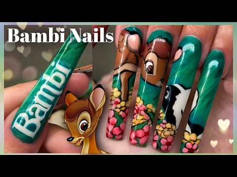 Bambi Nails! Disney Inspired Hand Painted Nail Art | XXL Acrylic Nails Disney Scene | DIY Tutorial