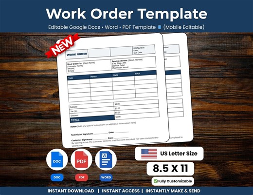 Editable Work Order Template Google Docs Word PDF, Small Business Work Order, Service Order, Job Order Template, Repair Order Form - Etsy