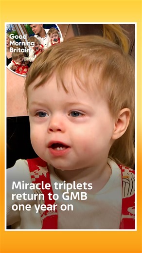 Good Morning Britain on Instagram: "One year after defying the odds to survive, miracle triplets Cruise, Aljo and Enzo are back on the Good Morning Britain sofa, preparing to celebrate their most magical Christmas ever. The identical triplets were born prematurely at just 29 weeks after mum Shannon underwent IVF treatment."