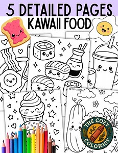 Kawaii Food Coloring Pages – 5 Printable Sheets | Cute Food With Faces | Digital PDF Coloring Book for Kids, Classrooms & Fun - Etsy