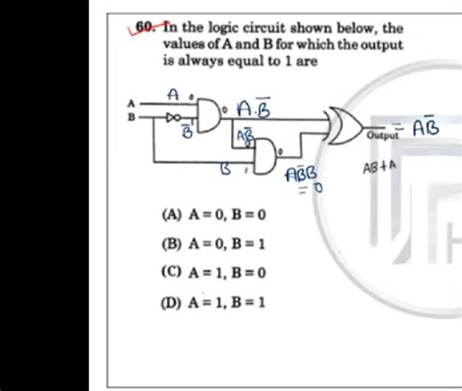 In the logic circuit shown below, the values of A and B for whi... | Filo