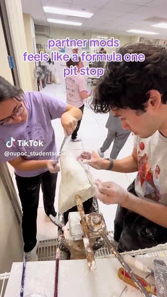 Modifying our last prosthetics project in pairs learning to collaborate as clinicians 🥼📏🦾 Mods are done on the positive model of our patient’s residual limb as we build up bony prominences and reduce areas for soft tissue compression based on our measurements. #prosthetics #northwesternuniversity #inthelab